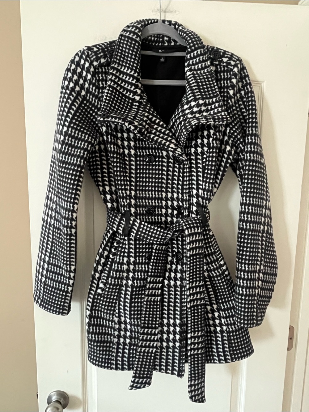 BCX Black & White Houndstooth Belted Fleece Coat Women’s Size Large